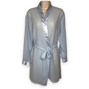 Halston Satin Trim Chiffon Bath Robe Light Blue Attached Tie Women Size Medium